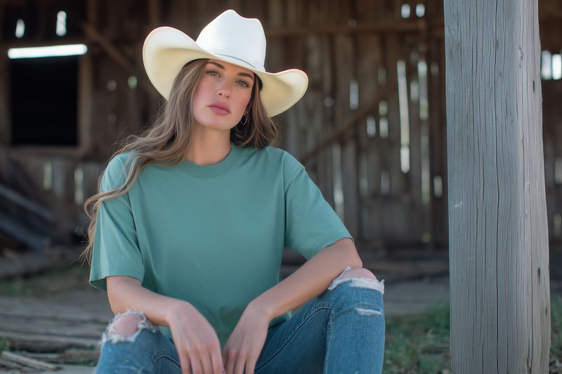 A young woman in a white cowboy hat and green t-shirt sits relaxed against a rustic wooden barn, wearing ripped jeans and minimal makeup, bathed in soft natural light.