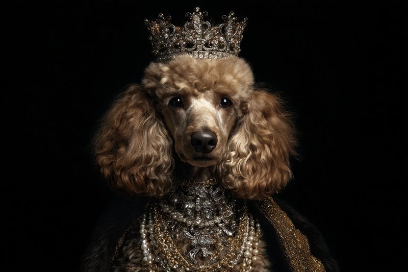 Artful portrait of a regal poodle adorned with an ornate crown and layered pearl necklaces, posed against a dark backdrop to convey royal elegance, luxury, and drama.