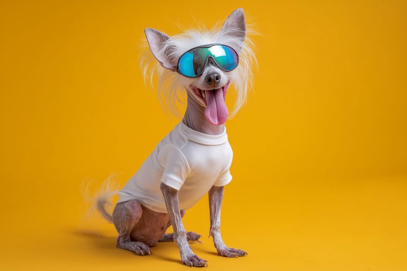 Playful hairless dog wearing reflective sunglasses and a white shirt poses against a bright yellow studio background, tongue out and exuding quirky fashion and joyful personality.