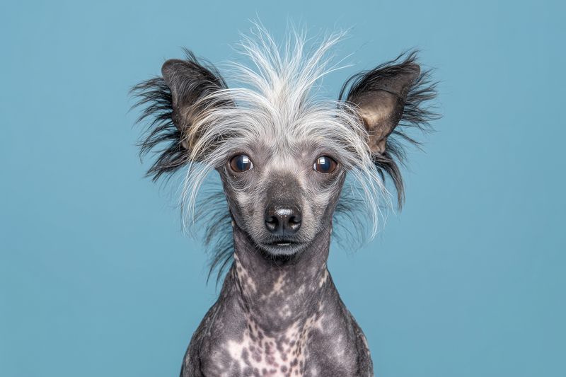Studio portrait of a hairless small dog with wispy white crest hair against a soft blue background. Peculiar spotted skin and expressive dark eyes create a striking elegant pet study.