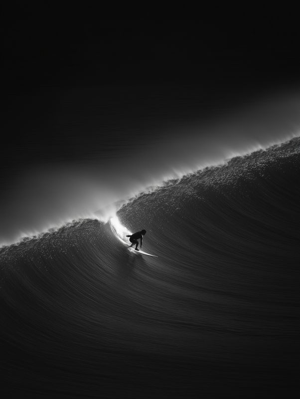 Black and white dramatic photograph of a lone surfer carving a massive ocean wave, capturing motion, contrast and spray in a minimalist high-contrast seascape composition.