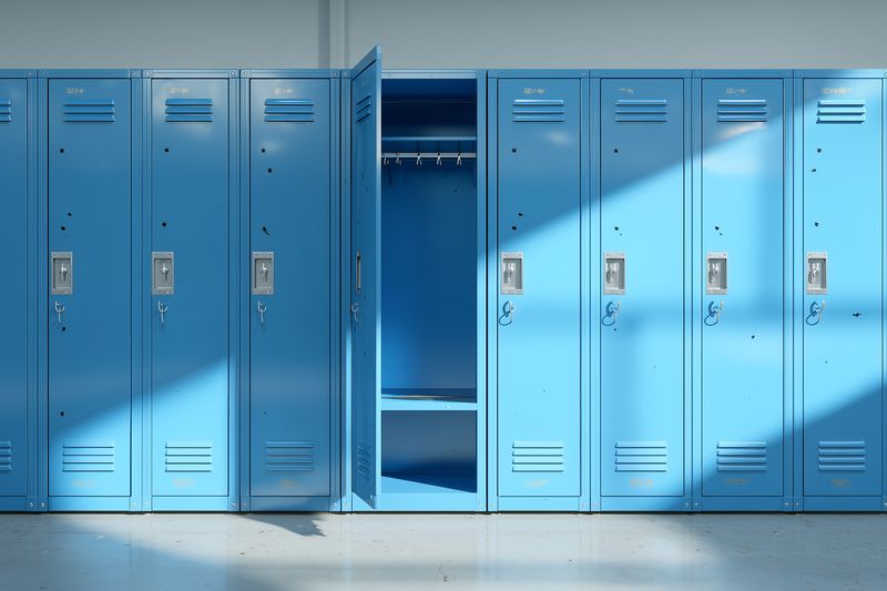 Blue metal lockers line a bright institutional hallway, one locker open to reveal empty shelves and a hanging rod, sunlight streaming across doors and casting sharp shadows.
