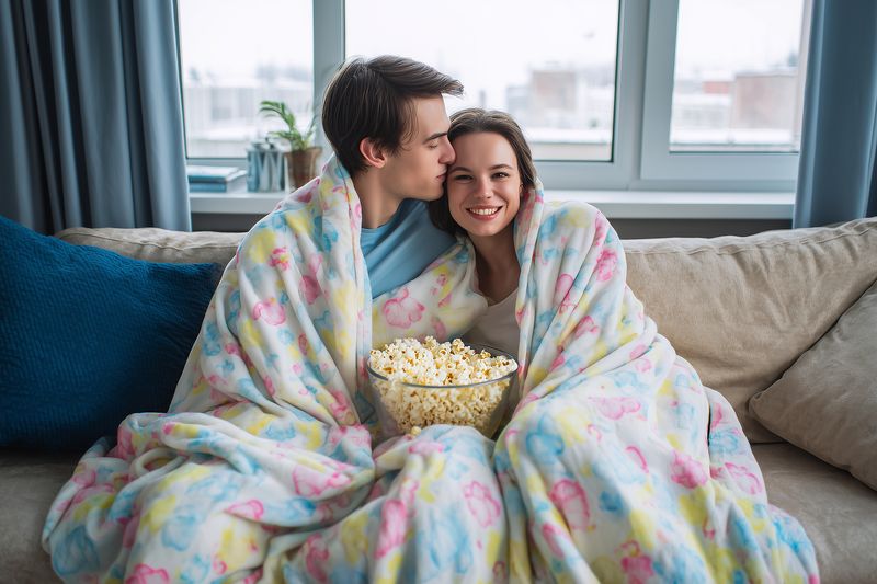 Young couple wrapped in soft pastel blankets sitting on a sofa, sharing a large bowl of popcorn and enjoying a cozy movie night at home with warm smiles and affectionate gestures.
