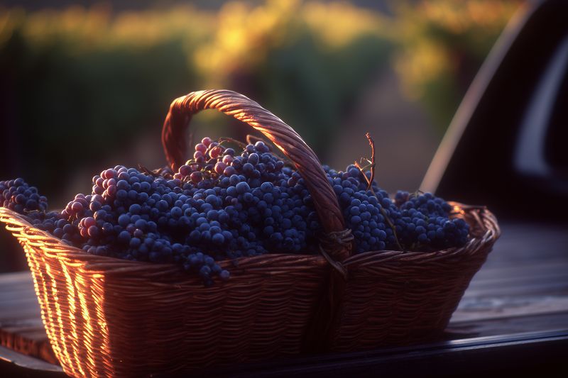 Wicker basket filled with ripe dark grapes resting on a wooden surface at golden hour, bathed in warm sunlight with soft background bokeh evoking harvest charm.