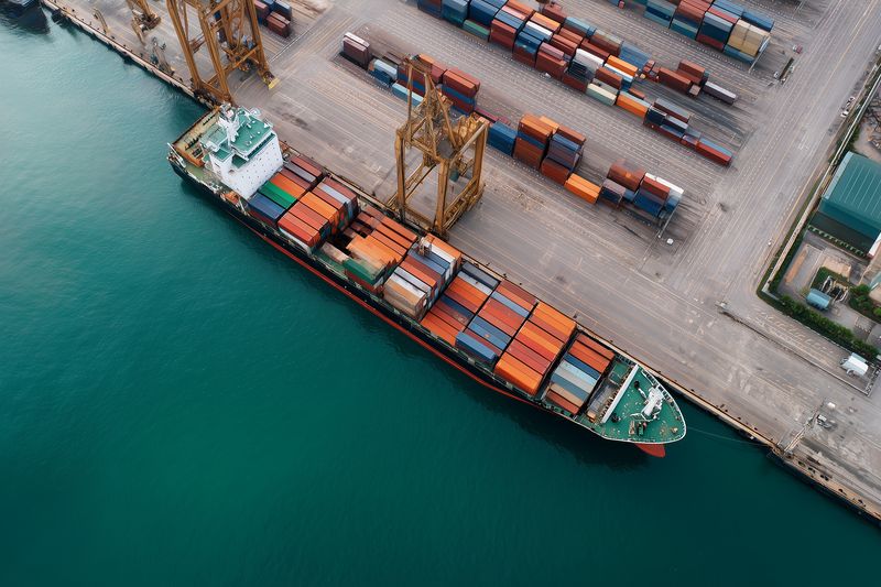 Aerial view of a large cargo ship loaded with colorful shipping containers alongside industrial port cranes at a busy dock, illustrating global trade, maritime logistics and transportation.