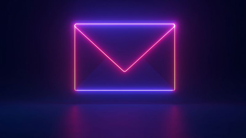 Neon glowing envelope symbol on dark background representing digital communication, email concept and messaging. Vibrant pink and blue light lines create futuristic cyber atmosphere.