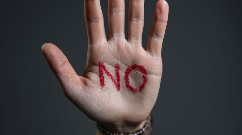 Close-up of an open hand with the word NO painted in bold red on the palm, conveying refusal, personal boundaries, protest, consent and a clear message against unwanted actions.