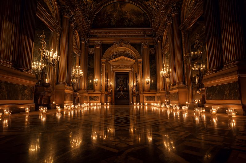 Opulent golden palace interior illuminated by candlelight and chandeliers, ornate columns and vaulted ceilings reflected on glossy marble floors creating a dramatic atmospheric corridor.