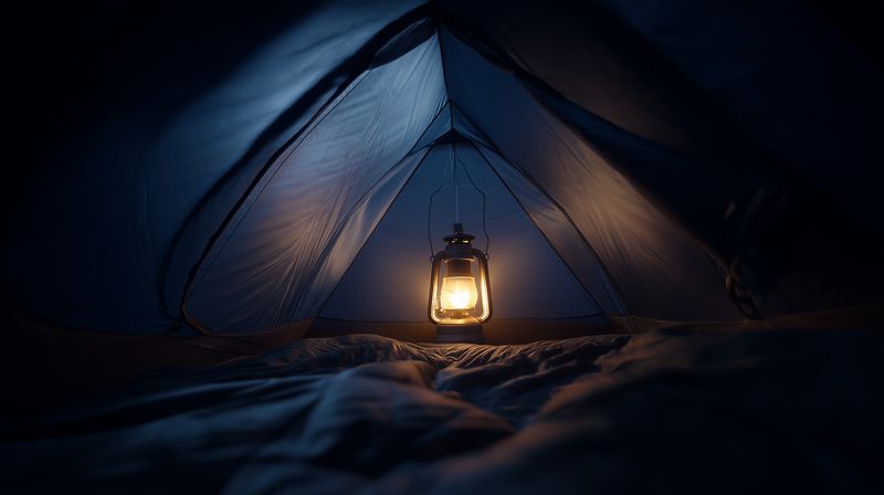 Warm lantern light glowing inside a camping tent at night, creating a cozy atmosphere with soft fabric shadows and a sense of adventure and peaceful solitude outdoors.