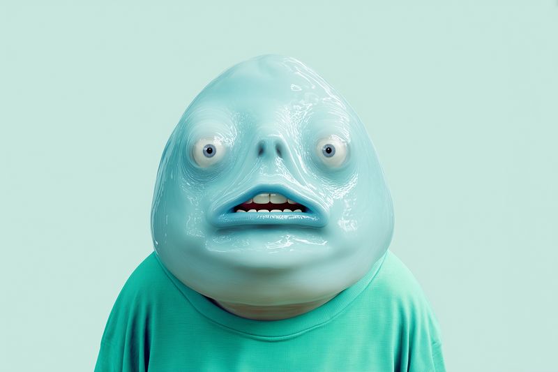 Surreal portrait of a humanoid fish creature wearing a teal shirt against a pale mint background, blending whimsical character design with glossy texture and expressive wide eyes.