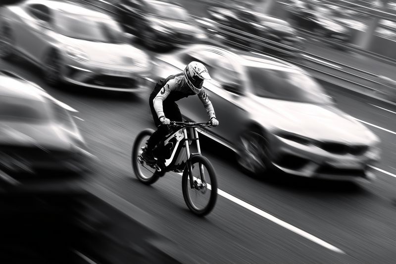 Black and white action shot of a cyclist riding a mountain bike through fast moving traffic on a busy road, motion blur emphasizes speed and urban commuting contrast.