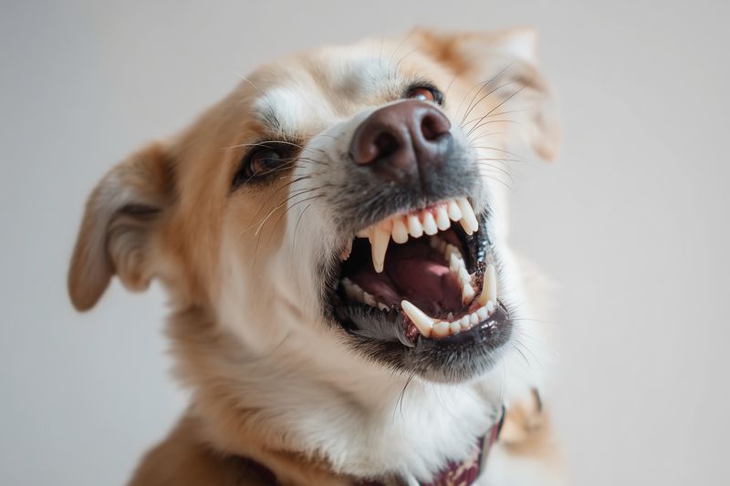 Close-up of an aggressive dog snarling and baring sharp teeth, showing tense facial expression and open mouth in a neutral indoor setting, conveying warning and defensive behavior.