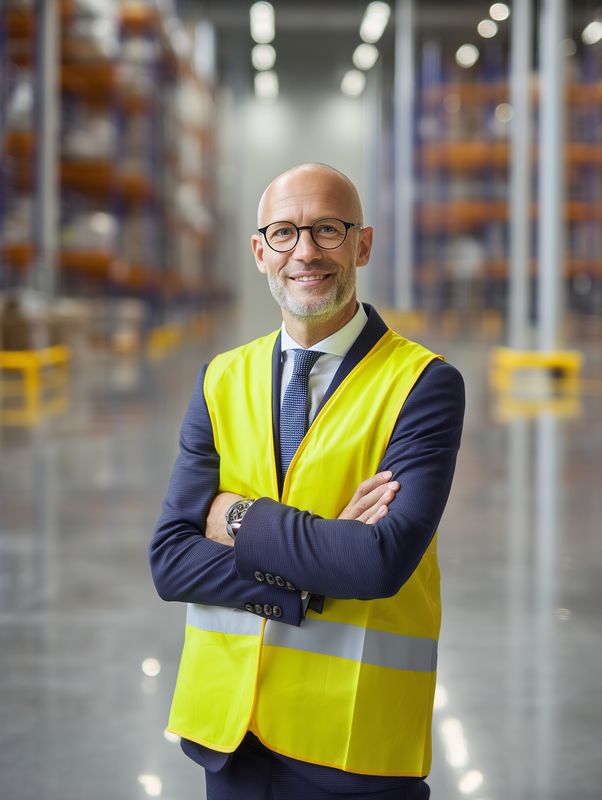 Smiling warehouse manager in safety vest and suit stands with arms crossed in a modern distribution center, conveying leadership, professionalism and efficient logistics operations.