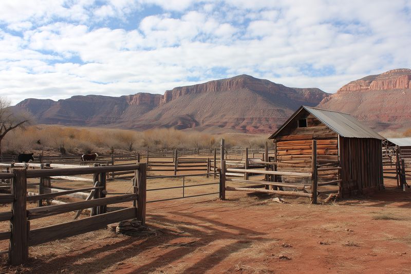 Sunlit rustic wooden barn and weathered fences on an arid ranch with red rock cliffs in the background under a wide cloudy sky, evoking western rural landscape and solitude.