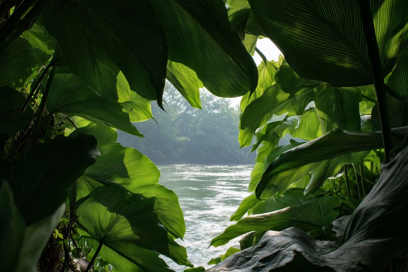 Lush tropical foliage framing a tranquil river scene with soft morning mist, sunlight filtering through large green leaves, creating a peaceful nature composition.