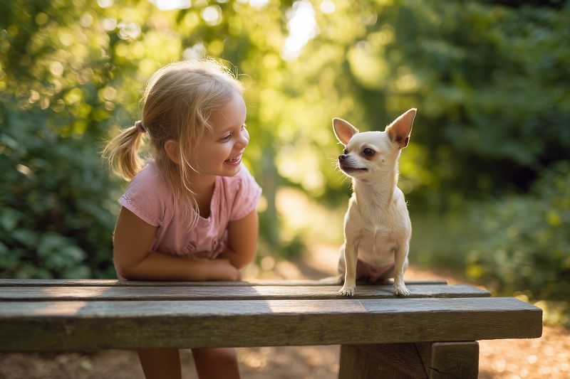 Smiling young girl with a ponytail sits on a wooden bench outdoors, laughing as she looks at a small Chihuahua dog beside her in warm golden sunlight of a leafy park.