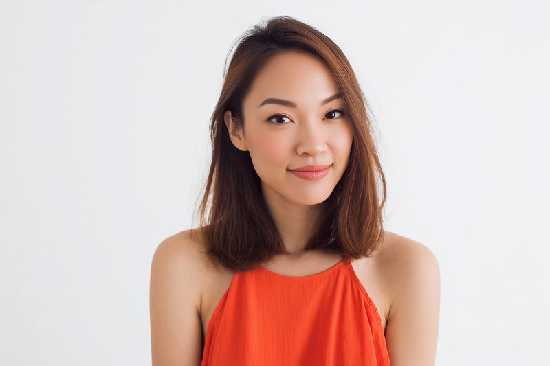 Portrait of a smiling woman wearing an orange sleeveless top against a clean white background, looking confidently at the camera with natural makeup and relaxed posture.