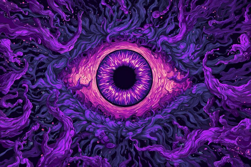 Surreal purple eye illustration centered in a swirling vortex of organic textures and fluid shapes, evoking cosmic mystery, psychedelic energy and an intense abstract vision.