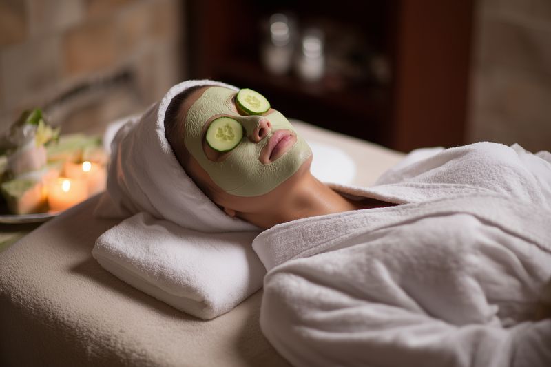 Woman relaxing at a spa with a green facial mask and cucumber slices over eyes, lying on a treatment table in a robe, enjoying a soothing skincare and wellness session.