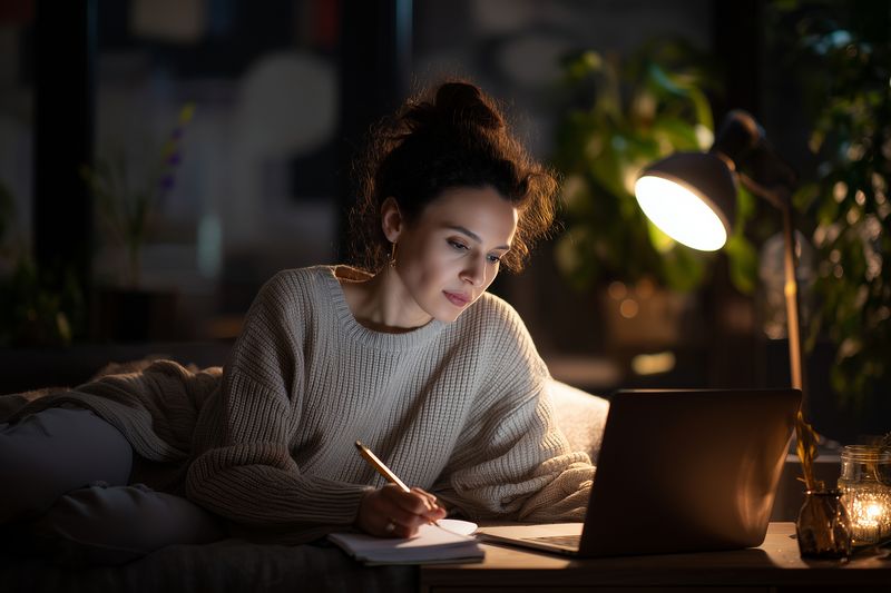 Young woman studying late at night on a couch, writing notes in a notebook while using a laptop under warm lamp light, creating a cozy focused atmosphere for productive work.