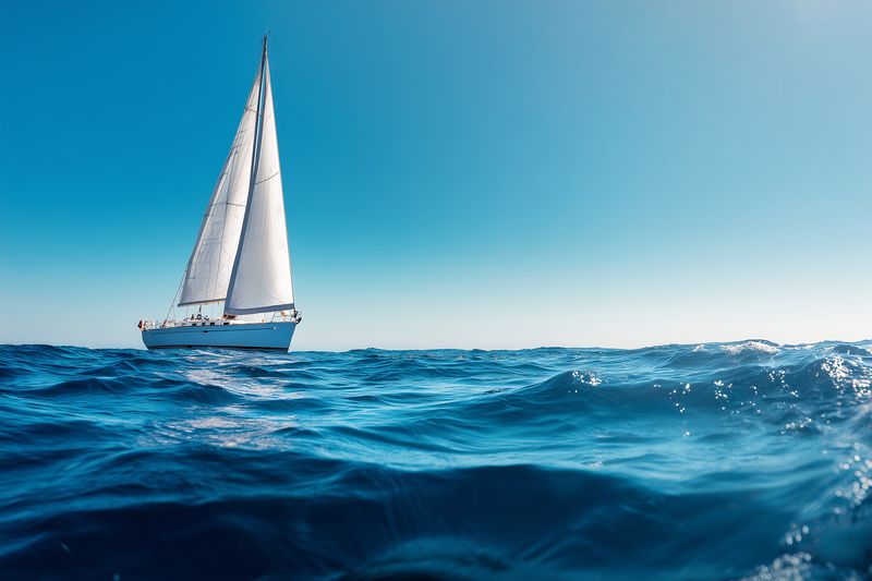 Sailboat gliding on deep blue ocean under clear sky, white sails catching wind with gentle waves in foreground, conveying freedom, adventure and peaceful maritime travel.