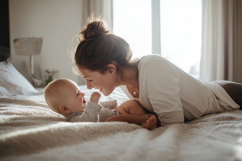 Young mother and baby lying on a bed in soft natural light, sharing a joyful moment and gentle interaction. Cozy bedroom moment of warmth and bonding in early parenthood.