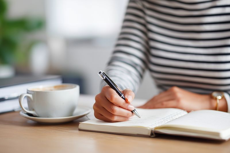 Person writing notes in a notebook at a wooden table with a cup of coffee nearby, casual striped shirt visible, focused on journaling and planning tasks.
