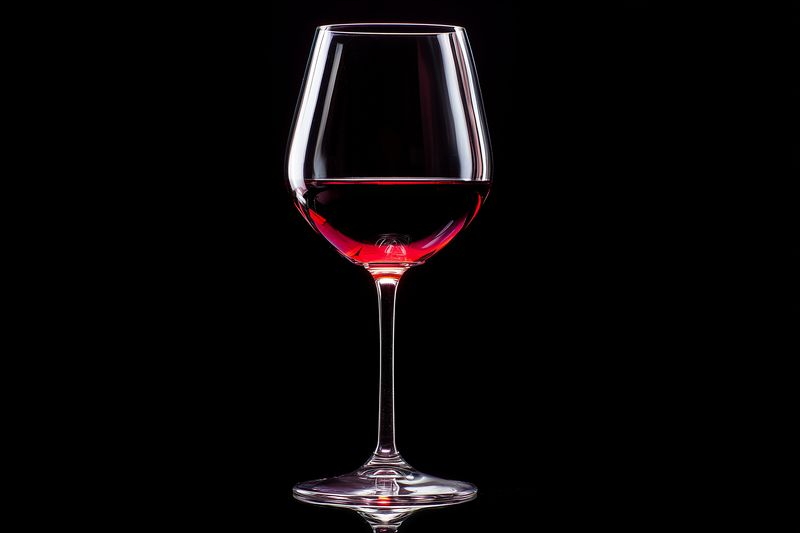 Close-up of a red wine glass on a black background, showcasing elegant stemware, crystal clarity and vivid color with subtle reflection and moody lighting for luxury lifestyle visuals.