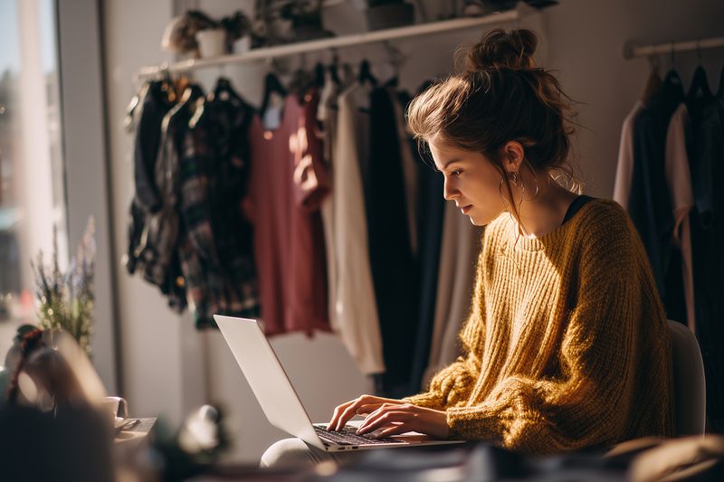 Young woman in a cozy sweater working on a laptop in a softly lit room surrounded by clothing and textiles, focused on creative work in a warm home studio atmosphere.