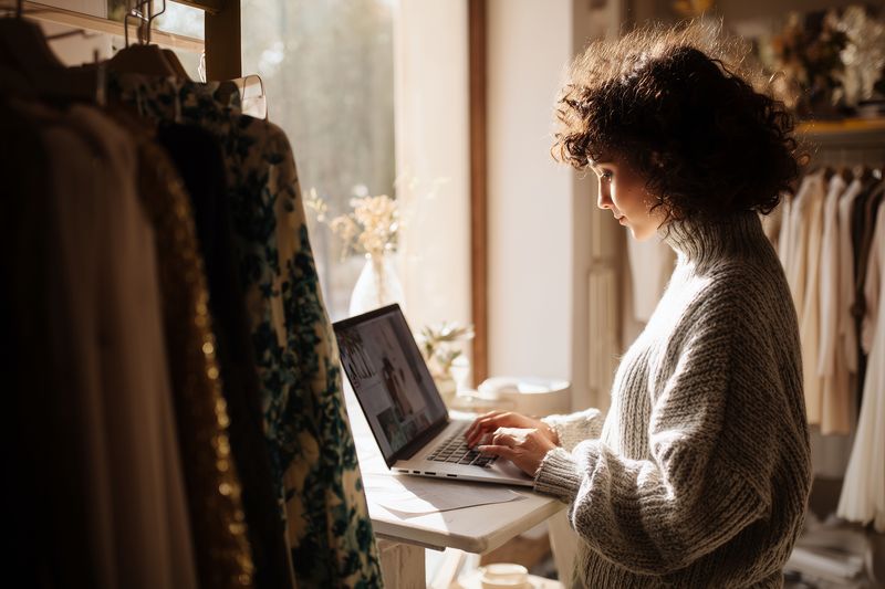 Curly-haired woman working on a laptop in a cozy boutique surrounded by clothing racks and warm sunlight, managing an online shop and organizing garments with focused attention.