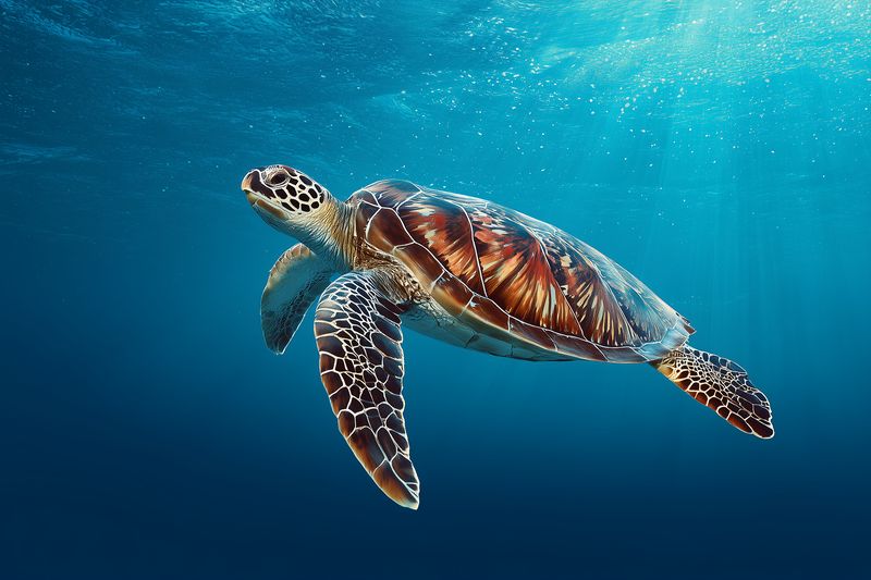 A graceful sea turtle gliding through clear blue ocean water, sunlight filtering from above illuminating its patterned shell and flippers as it swims peacefully in open sea.