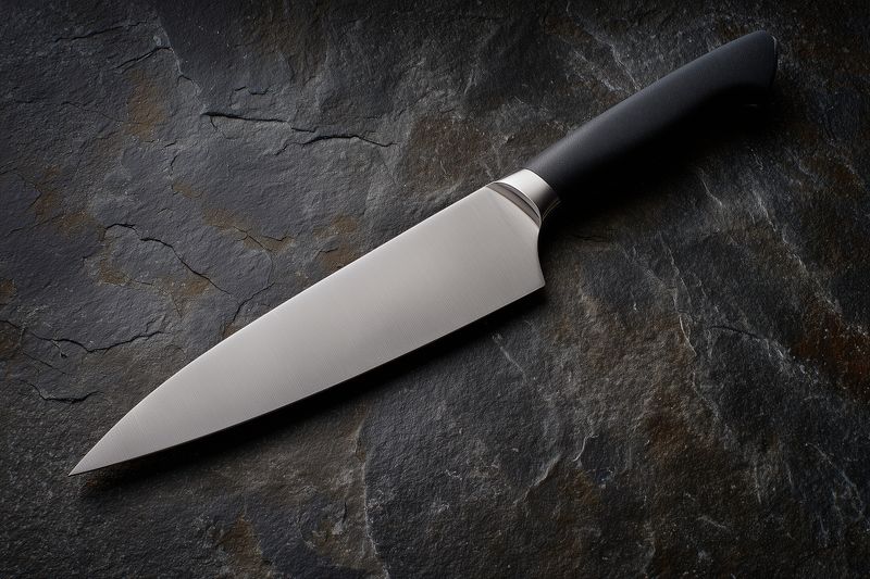Sharp chef knife with black handle placed on a dark textured stone surface, studio lighting highlighting the blade edge and matte finish in a minimalist culinary still life