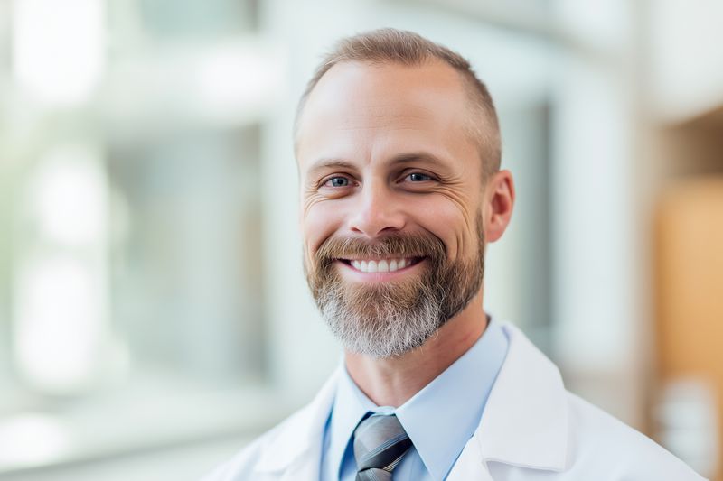 Close-up portrait of a smiling male doctor in a lab coat and tie, radiating confidence and warmth in a bright clinical environment, ready to provide compassionate medical care.
