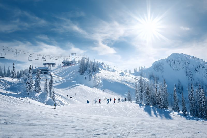 Bright sunny winter landscape at a mountain ski resort with fresh snow, skiers on a slope, chairlift ascending, frosted trees and rugged peaks under a clear blue sky.