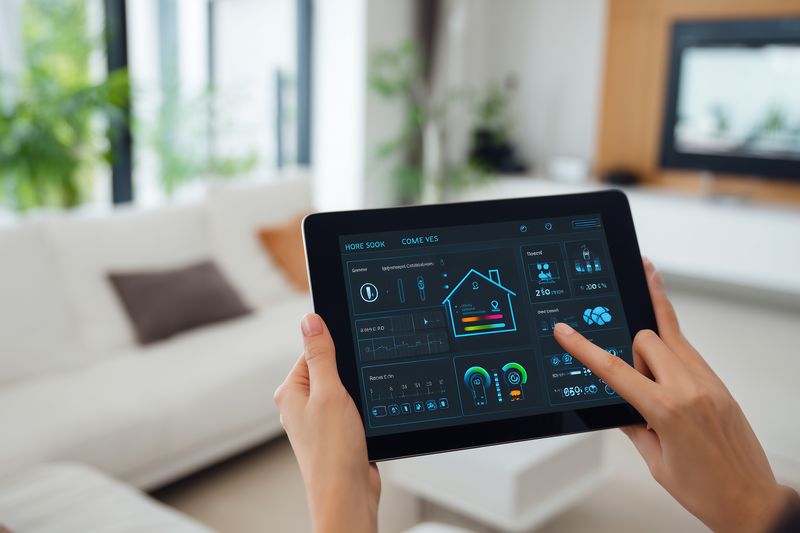 Person using a tablet to control a smart home dashboard in a living room, operating a touchscreen interface to adjust lighting, temperature, security and energy settings.