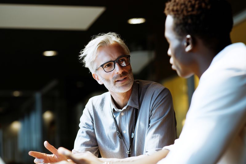 Mature male mentor attentively listening and gesturing while conversing with a young colleague in a modern office setting, showing professional guidance, collaboration and focus.