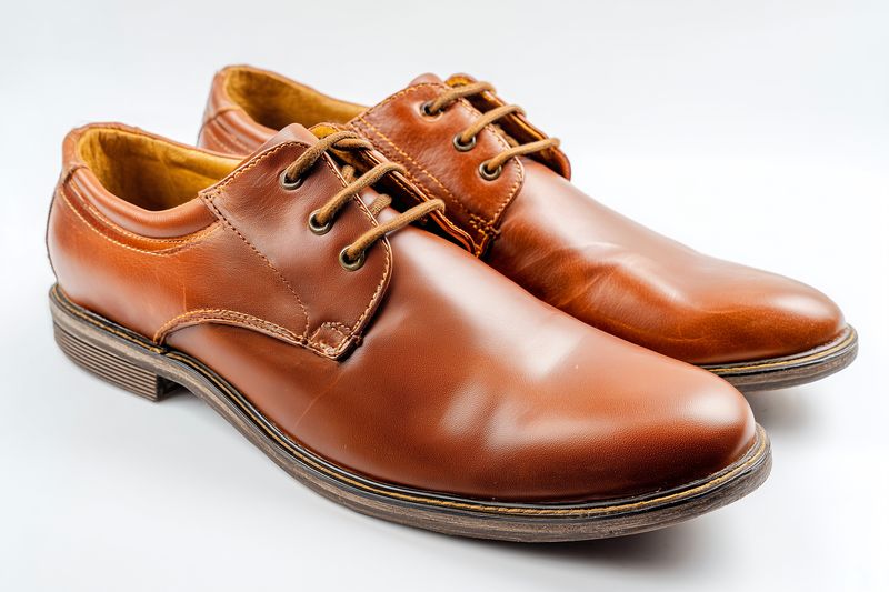 Pair of brown leather dress shoes on white background, classic laceup mens footwear with polished finish and stitched sole detail, studio product photography highlighting texture