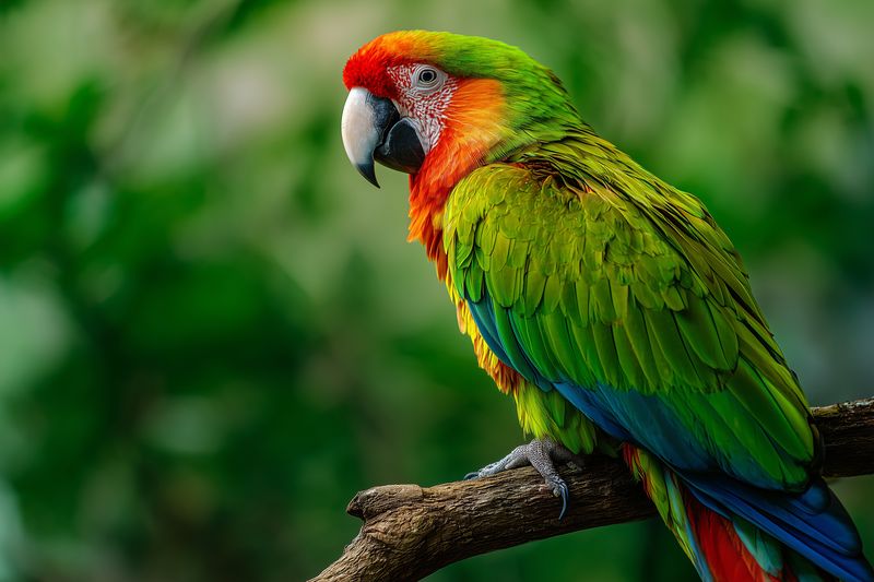 Vibrant parrot perched on a branch showcasing vivid green, red, and blue plumage with sharp beak and attentive eye, captured in natural soft-focus tropical foliage background.