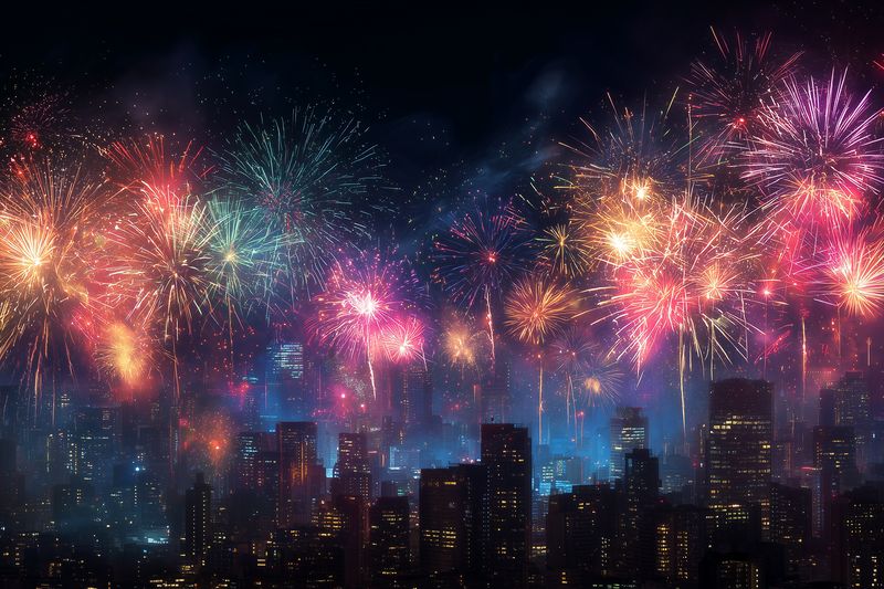 Vibrant fireworks explode above a silhouetted city skyline at night, illuminating skyscrapers and reflecting colorful lights across the urban landscape in a festive celebration.