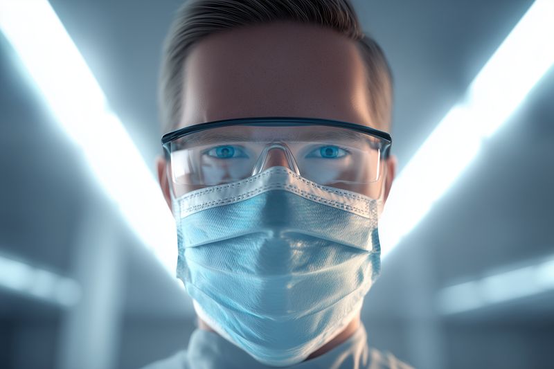 Close-up portrait of a healthcare professional wearing a surgical mask and protective goggles in a clinical environment, conveying focus, safety and modern medical preparedness.