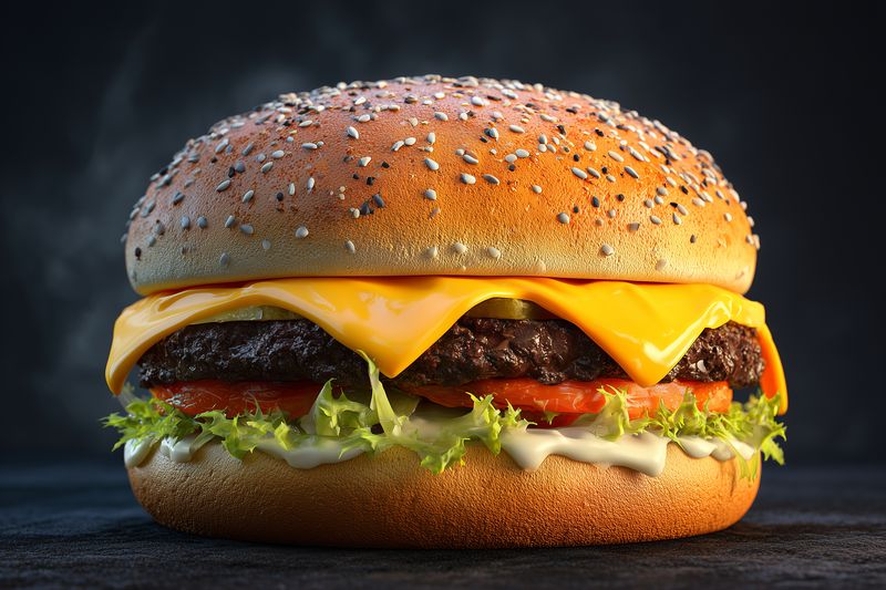 Close-up of a juicy cheeseburger with sesame seed bun, melted cheese, grilled beef patty, fresh lettuce, tomato slices and creamy sauce on a dark textured background.