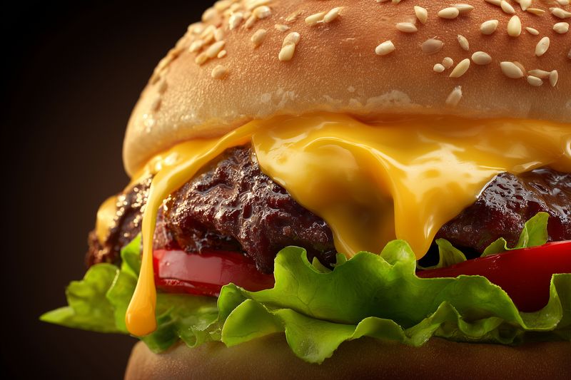 Close up of a juicy cheeseburger with melted cheddar, grilled beef patty, fresh lettuce and tomato tucked in a sesame seed bun, showcasing rich texture and glossy finish.