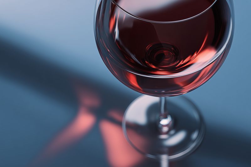 Close-up of a red wine glass on a smooth surface, capturing ruby reflections and elegant stem details with soft lighting and artistic shadow play, minimalist style.