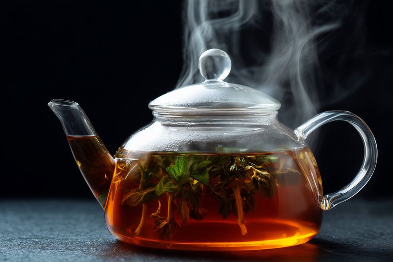 Glass teapot filled with steaming herbal tea, fresh leaves visible inside and warm amber infusion glowing against a dark background, an aromatic beverage in a transparent pot.