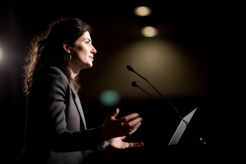 Female speaker delivering a confident presentation at a podium in a dimly lit conference hall, illuminated by a spotlight, engaging the audience with expressive gestures.
