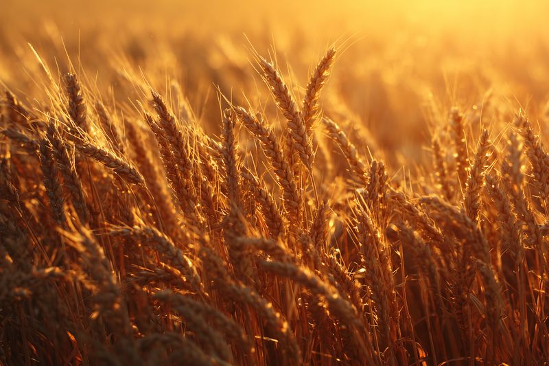 Golden wheat field at sunset with warm backlight highlighting textured stalks and grain heads, creating a serene rural landscape full of soft warmth and harvest season atmosphere.