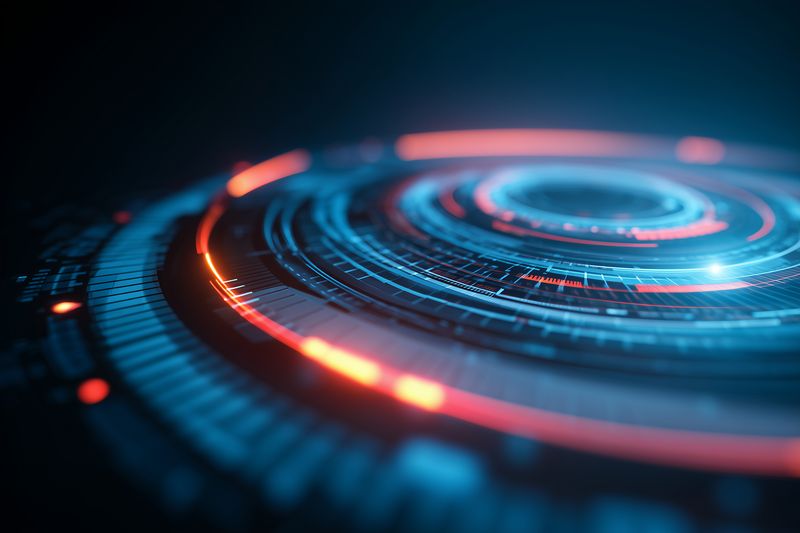 Futuristic circular digital interface glowing with neon blue and orange rings, an abstract technology concept featuring layered concentric HUD elements, depth, light reflections and motion.