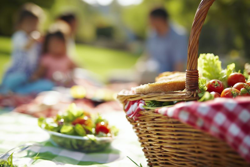 Wicker picnic basket filled with fresh bread and strawberries on a checkered blanket during a sunny outdoor picnic, with a blurred family enjoying leisure time in the grassy park.
