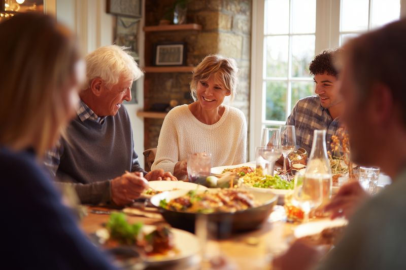 Multigenerational family enjoying a warm dinner around a cozy wooden table, sharing food, conversation and laughter in a bright home dining room filled with natural light.
