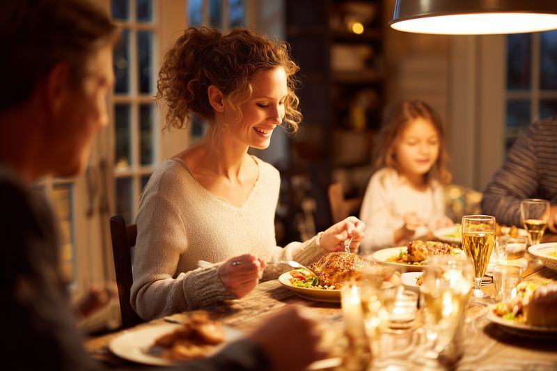 Warm family dinner scene with a smiling woman serving a roast at a softly lit table, surrounded by parents and children sharing homecooked food, conversation and laughter.